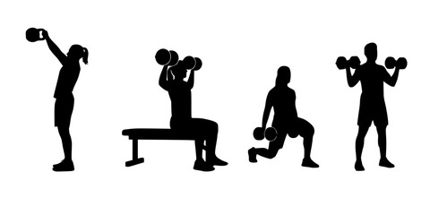 Four exercise silhouettes — kettlebell swing, seated dumbbell shoulder press, lunge with dumbbell, standing dumbbell shoulder press, fitness training illustration set 