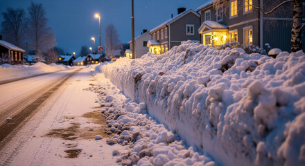 Snow-covered street at night with bright houses and snowbank alongside road. Snowbank creates a winter wonderland atmosphere in a cozy neighborhood. Concept for winter events and seasonal decorations.