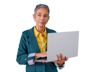 Senior businesswoman working on laptop, confidently managing tasks, standing on transparent background