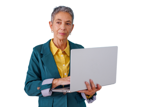 Senior businesswoman working on laptop, confidently managing tasks, standing on transparent background