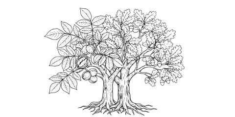 Obraz premium Green walnut tree and oak tree illustration, nature vector art, botanical design, forest plants, leafy trees, fruit-bearing trees, eco-friendly graphics, natural elements