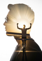 Breakthrough Moment 2026 Double Exposure Man Profile Glasses Runner Finishing Line Sunrise Victory Dreamy Cinematic Portrait Inner World Athletic Achievement Inspiration
