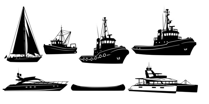 Set of various boat and ship silhouettes including sailboat, fishing boat, tugboat, yacht, canoe, and catamaran vector