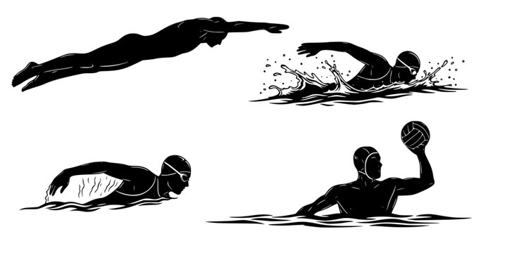 Swimming and water sports silhouettes, swimmer diving, freestyle, butterfly stroke, water polo player, pool, athletic aquatic sports vector set