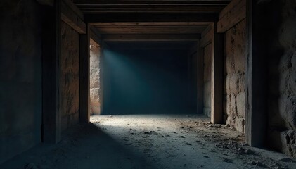 A dark, shadowy interior space, suggesting refuge or concealment; rough-hewn wooden beams and a stark, minimalist design create a feeling of isolation and mystery , gloom, dramatic, building