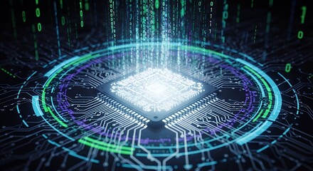 Glowing Central Processing Unit (CPU) on a futuristic circuit board with digital binary code streams, symbolizing advanced technology, data processing, and artificial intelligence concepts.
