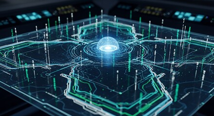 Futuristic Digital Data Visualization Interface with Glowing Circuitry and Central Core