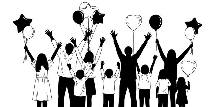 Family celebration silhouettes, joyful people with balloons, children and adults raising arms, festive vector art, happy gathering illustration