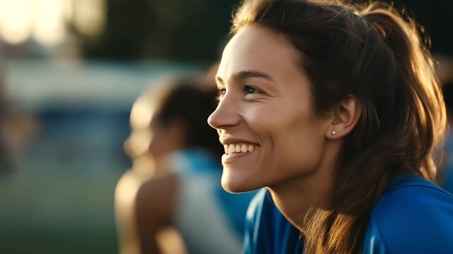 Female sports coach smiling during training backlit profile cropped above mouth field or gym defocused whistle and clipboard athletic leadership faceless no visible faces