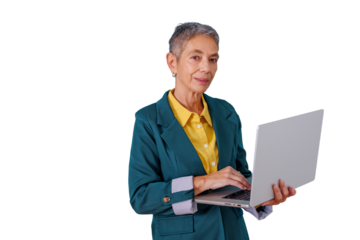 Senior businesswoman using a laptop, working professionally, symbolizing experience and technology on transparent background
