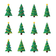 Collection of Festive Christmas Trees with Decorations and Star Toppers.