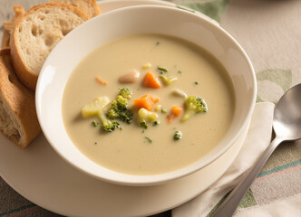 Fototapeta premium Creamy vegetable soup with carrots and beans, cozy beige dinner setting, sliced bread