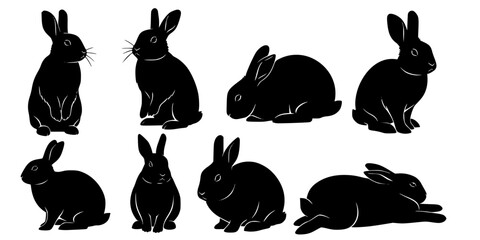 Rabbit silhouette collection, sitting poses, bunny illustration set, animal posture study, black silhouette art, wildlife design, rabbit breed reference, pet artwork