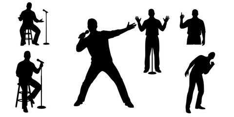 Obraz premium Silhouette performer with microphone, stand‑up comedy poses, public speaking gestures, seated and standing expressions, entertainment stage show illustration design artwork