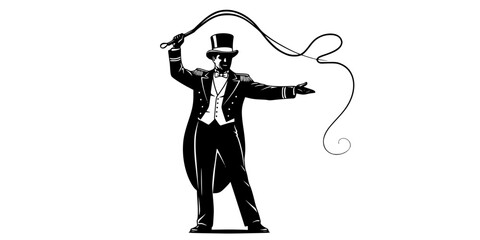 Ringmaster silhouette illustration with top hat and whip, circus leader poses, performance character design, theatrical authority figure artwork sequence