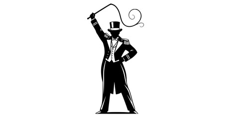 Ringmaster silhouette illustration with top hat and whip, circus leader poses, performance character design, theatrical authority figure artwork sequence