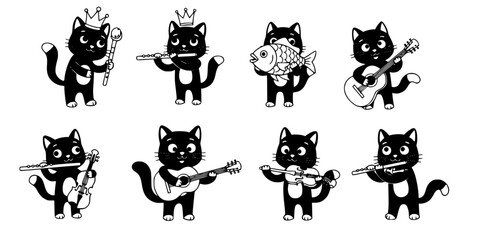 Cartoon black cat character illustrations playing musical instruments, crown, fish, guitar, violin, flute, whimsical animal artwork design sequence