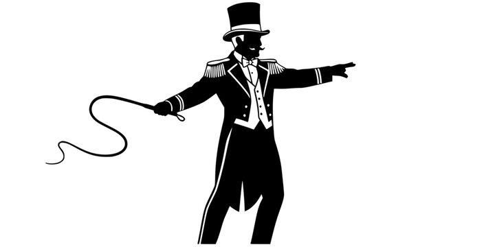 Ringmaster silhouette illustration with top hat and whip, circus leader poses, performance character design, theatrical authority figure artwork sequence