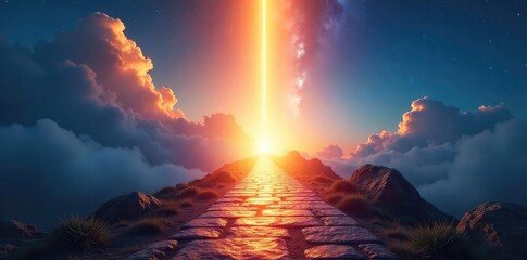 A radiant light beams down from above, illuminating a path leading upwards, symbolizing the journey to spiritual liberation and the promise of eternal peace , gospel, purity, hope