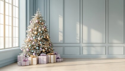 Illuminated evergreen stands adorned with pastel ornaments beside a large window in an elegantly paneled room