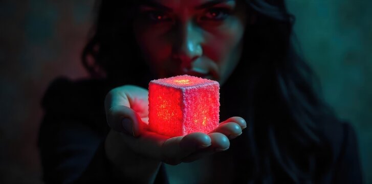 A shadowy figure, partially obscured, offering a glistening, opulent sugar cube An enigmatic image hinting at hidden desires and forbidden indulgence , sugar, hidden pleasure, indulgence