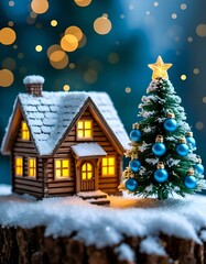 Miniature House and Decorated Christmas Tree in Snow