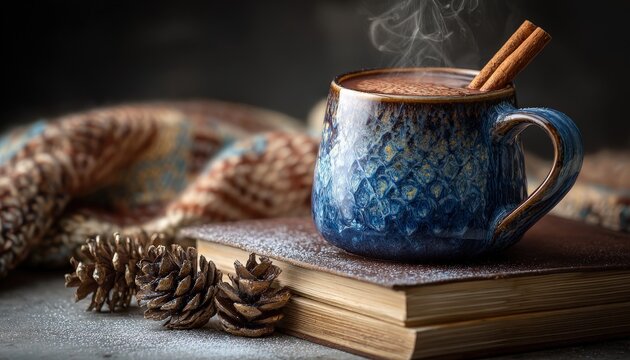 Steaming beverage in an artisan mug rests upon stacked old books surrounded by natural elements