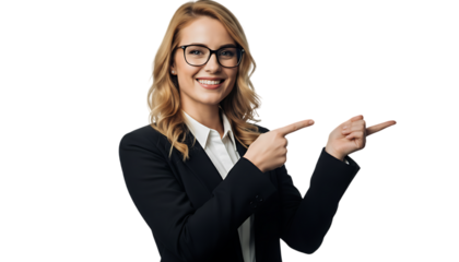 Blonde woman in suit and glasses pointing both directions with a smile background transparent