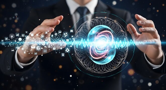 Man holding glowing digital sphere with data connections, representing future technology and innovation.