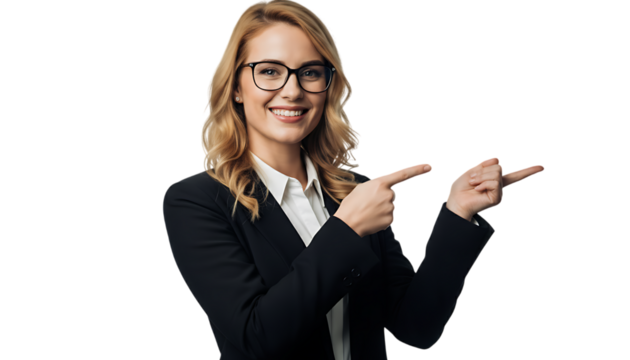 Blonde woman in suit and glasses pointing both directions with a smile background transparent