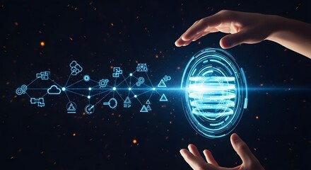 Hands protecting glowing digital network sphere, data security, artificial intelligence, future technology concept.
