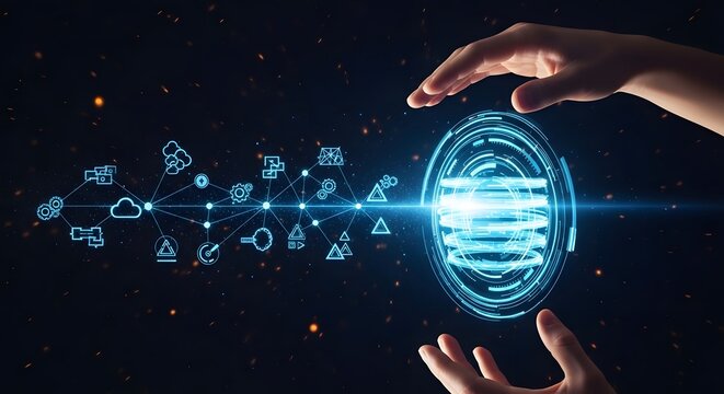 Hands protecting glowing digital network sphere, data security, artificial intelligence, future technology concept.