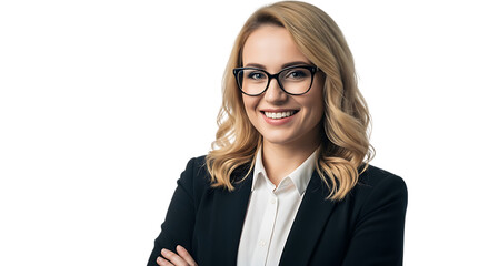 Portrait of a blonde woman smiling wearing glasses and a business suit background transparent
