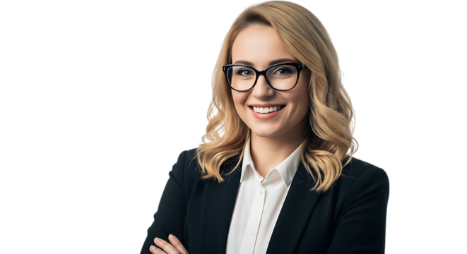 Portrait of a blonde woman smiling wearing glasses and a business suit background transparent