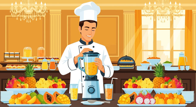 Chef prepares a refreshing tropical smoothie at an upscale brunch buffet service
