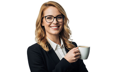Smiling woman in business attire holding a mug against black background background transparent