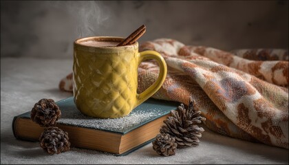Fototapeta premium Warm beverage rests upon stacked literature beside pinecones and soft textile