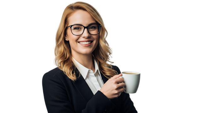 Smiling woman in business attire holding a mug against black background background transparent - Powered by Adobe