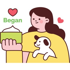 Young Woman With Dark Hair Yellow Top Holds Green Box With White Cream And Small Dog Peeking From Chest Cute Hearts Above Transparent Background
