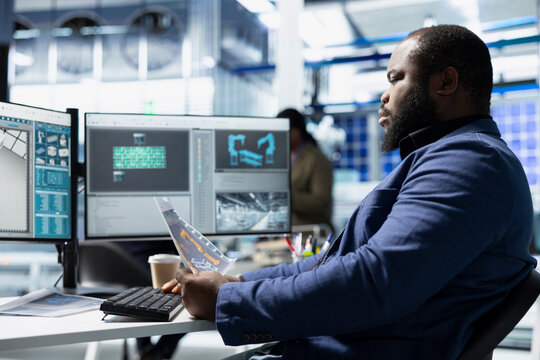 Professional consultant for energy in a factory setting reviews data, managing efficiency and innovation within solar panel manufacturing. Engineering precision and sustainability.