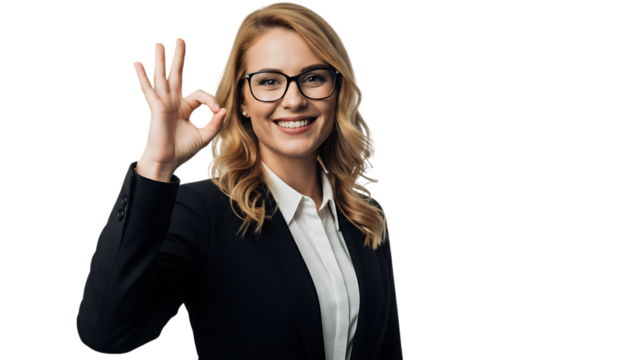 Portrait of smiling blonde woman with glasses making ok hand gesture background transparent