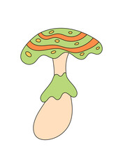 Groovy retro psychedelic mushroom sticker cartoon in funky magic colorful style. Vibrant shroom adds y2k charm as a groovy element, perfect for playful sticker art or a trendy cartoon accent.