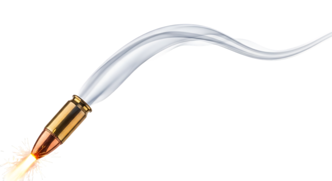 Bullet, firing white liquid splash and sparks, isolated on a transparent background, cutout, PNG