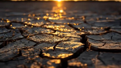 Cracked dry earth at sunset, symbolizing drought, climate change, and global warming. Arid soil texture with golden sunlight.