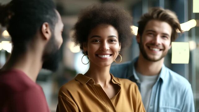 Multiethnic business team discussing ideas in modern office three quarter backs and side profiles cropped at cheekbones sticky notes on glass corporate collaboration diverse