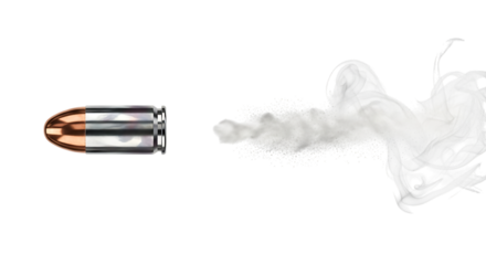 Bullet, with copper tip and metallic casing leaving a trail of white smoke, isolated on a transparent background, cutout, PNG