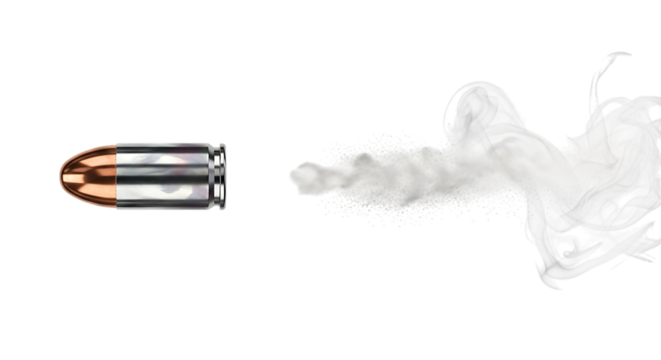 Bullet, with copper tip and metallic casing leaving a trail of white smoke, isolated on a transparent background, cutout, PNG