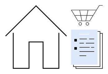 Minimalist home outline, shopping cart, stack of documents with checkboxes. Ideal for housing market, real estate, financial planning, buying process, contracts e-commerce investment. A simple flat