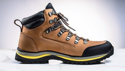 a side view of a tan leather hiking boot with black laces and a yellow accented midsole the boot has a durable rubber outsole with a textured tread pattern