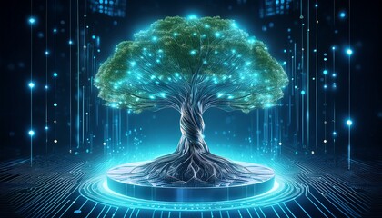 a futuristic tree with roots emitting light on a digital platform